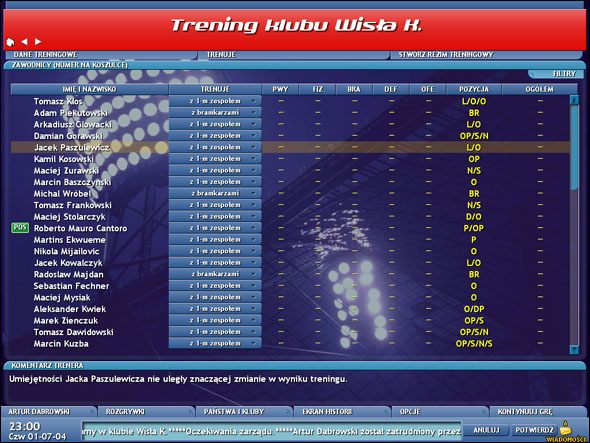 Ekran z podsumowaniem treningów - Ustawienia - Trening - Championship Manager 5 - poradnik do gry