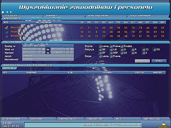 Ekran skautów - Wyszukiwanie zawodników - Transfery - Championship Manager 5 - poradnik do gry