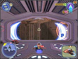 Skieruj się do windy. Jesteś w Dzielnicy Przemysłowej. Wsiądź do pojazdu i odnajdź dwa policyjne statki (zaznaczone żółtymi strzałkami na radarze). - Solucja 03 - Scrapland - poradnik do gry