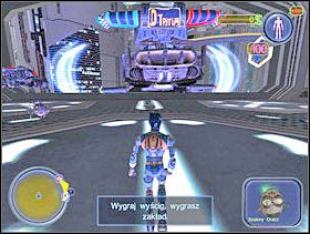 Aby wygrać wyścig musisz zebrać boje przed rywalami. Pozycję boi wskazuje niebieska strzałka na radarze, a na ekranie niebieskie nawiasy. Wsiądź do swojego pojazdu lub do jakiegoś innego, jeżeli masz ochotę. Pamiętaj tylko, że do wygrywania wyścigów najlepsze są lekkie, małe i szybkie statki. Tym, który aktualnie posiadasz spokojnie można wygrać. - Solucja 04 - Scrapland - poradnik do gry