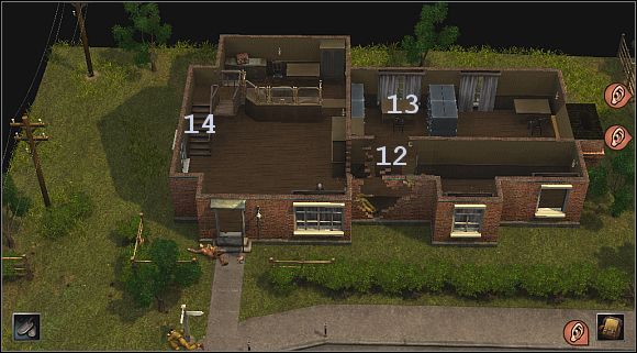 Tak czy inaczej po usunięciu tej przeszkody zabierz ze stołu (13 ) kolejne ważne dokumenty [1], a następnie wejdź po schodach (14 ) na piętro - [Oś] (Północna Anglia) Biuro brytyjskiego komendanta do Silent Storm - Silent Storm - poradnik do gry