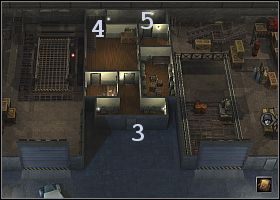 Wejdź teraz do wnętrza fabryki (3 ) i - pamiętając o tym, by nie wyrządzać niepotrzebnych szkód (wiem, że liczne na tej mapie zbiorniki z paliwem kuszą, ale cywile są niezbyt wytrzymali) - przebij się do schodów (4 ) - [Oś] (Szwajcaria) Fabryka Bergera (1) | Silent Storm - Silent Storm - poradnik do gry