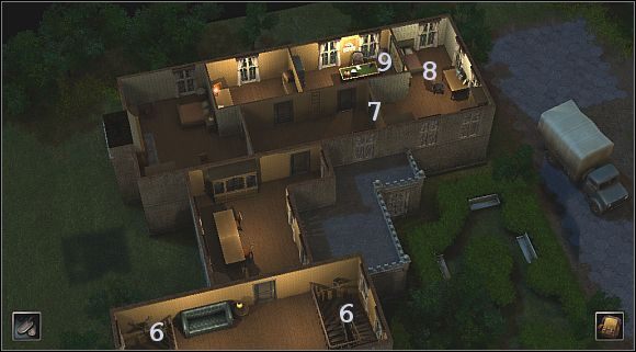 Przejdź teraz do drugiego skrzydła budynku i rozpraw się z kolejnymi drzwiami (7 ), by dostać się do pokoju oficera (8 ) - [Alianci] (Północna Anglia) Stara angielska posiadłość | Silent Storm - Silent Storm - poradnik do gry