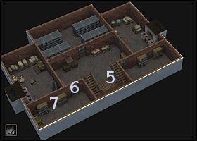 Teraz pozostaje Ci tylko zejść schodami (5 ) do piwnicy, gdzie po lewej znajdziesz zamknięte pomieszczenie - [Alianci] (Ural) Biuro lokalnego radzieckiego komendanta | Silent Storm - Silent Storm - poradnik do gry