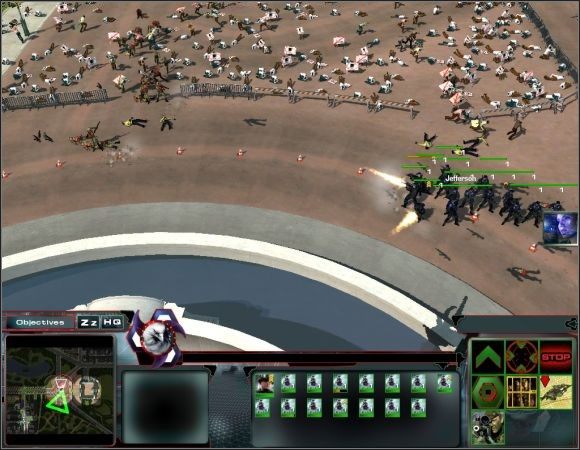 Kiedy skończy się dosyć długa scena, pokazująca przygotowania terrorystów do zamachu, wyrusz na zachód [4] i zacznij rozprawiać się z grupami wrogów, którzy zaczną wybiegać z tłumu - Misja 2 | Misje 1-5 | Act of War Direct Action - Act of War: Direct Action - poradnik do gry