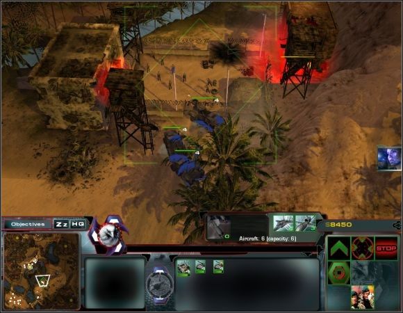 Ściągnij wszystkie swoje oddziały do bazy, stwórz kilku snajperów oraz postaw dwa działa na wschodzie bazy (pamiętaj, aby maksymalnie je rozwinąć) - Misja 7 | Misje 6-10 | Act of War Direct Action - Act of War: Direct Action - poradnik do gry