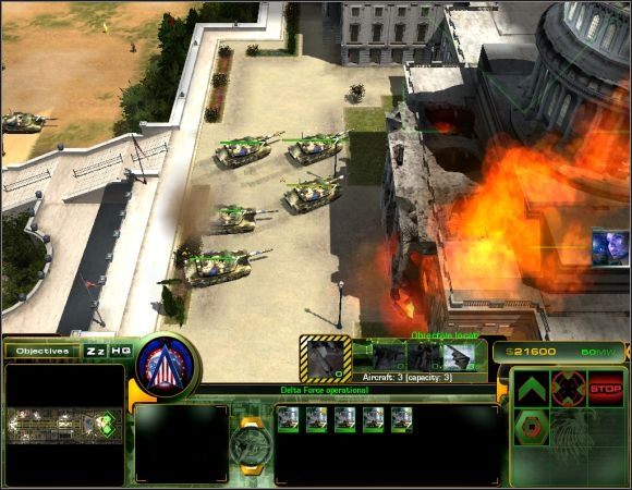 Kiedy posiadasz już na pierwszej linii zalążek bazy, polecam rozwinięcie kwatery głównej do poziomu Defcon 1 i zbudowanie ciężkiej fabryki czołgów oraz wieży kontrolnej - Misja 12 | Misje 11-14 | Act of War Direct Action - Act of War: Direct Action - poradnik do gry