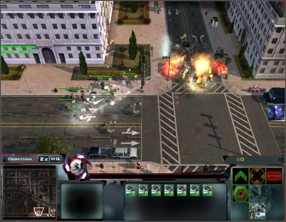 Zacznij powoli przemieszczać swój zespół uderzeniowy na zachód, jednak ciągle miej na oku tyły, a konkretnie drogę na północ od pierwszego skrzyżowania, skąd niedługo nadjadą oddziały przeciwnika [screen] - Misja 13 | Misje 11-14 | Act of War Direct Action - Act of War: Direct Action - poradnik do gry