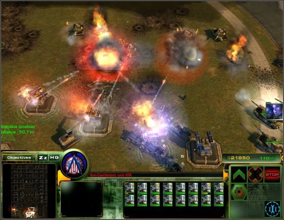 Pozostaw na zachodzie okopaną w bloku piechotę oraz kilka lekkich pojazdów, a resztą wróć do bazy - Misja 14 | Misje 11-14 | Act of War Direct Action - Act of War: Direct Action - poradnik do gry