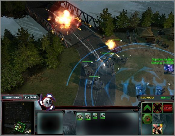 Kiedy oczyścisz drogę z prawej otrzymasz możliwość kierowania oddziałami amerykańskimi, nie rozbudowuj się nimi (postaw jedynie pompę wydobywczą) tylko Abramsami rozpraw się z małą grupką piechoty na wschodzie, po czym dołącz wszystkie sojusznicze wojska do swojej armii - Misja 11 | Misje 11-14 | Act of War Direct Action - Act of War: Direct Action - poradnik do gry