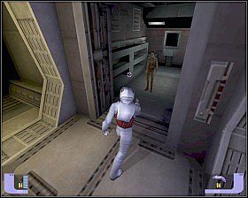 Po prawej stronie masz drzwi wymagające karty dowódczej - otwórz je i biegnij do końca aż ujrzysz członka załogi [1] - - Bajoran Transport 2 | SISKO | Star Trek Deep Space Nine The Fallen - Star Trek Deep Space Nine: The Fallen - poradnik do gry