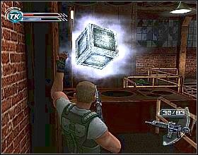 Załatw dwóch cywili, stojących przed tobą i wciśnij przycisk na środku sali - Assembling The Pieces (1) | Misja 4 | Psi-Ops The Mindgate Conspiracy - Psi-Ops: The Mindgate Conspiracy - poradnik do gry