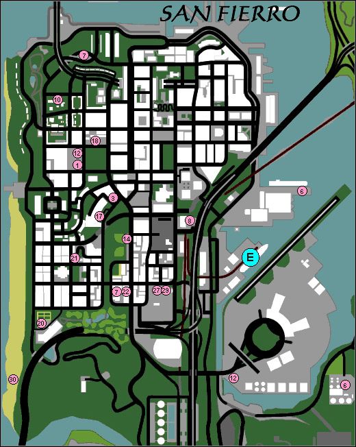 Lokalizacja pojazdów eksportowych w San Fierro. Litera E - miejsce załadunku maszyn - Export - Mapy (2) | Zadania dodatkowe w GTA San Andreas - Grand Theft Auto: San Andreas - poradnik do gry