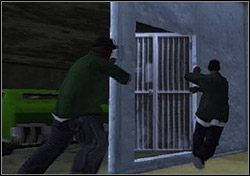 Na miejscu Cesar pokazuje ci scenę ścinającą krew w żyłach: gangsterów z Ballas układających się z Big Smokeiem, Ryderem i Tenpennym - GTA San Andreas: Sweet (S) - 2 zestaw misji - Los Santos, solucja - GTA San Andreas - poradnik do gry