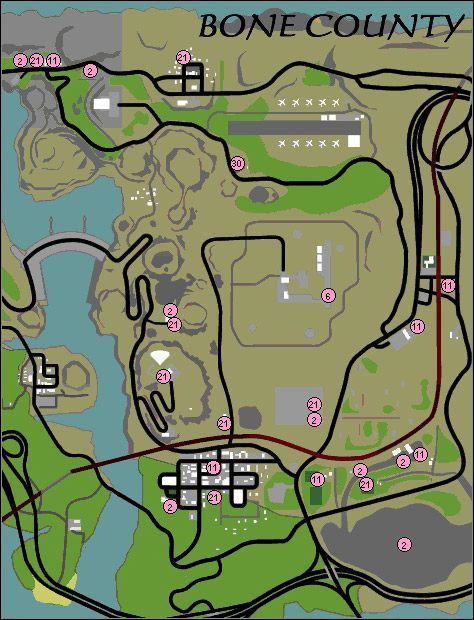 Lokalizacja pojazdów eksportowych w Bone County - GTA San Andreas: Export, kradzież pojazdów - solucja, opis przejścia - GTA San Andreas - poradnik do gry