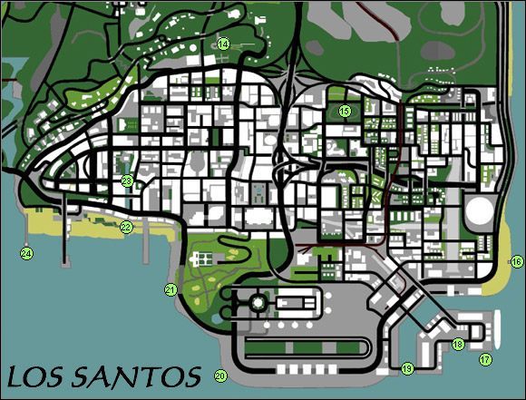 Lokalizacja miejsc występowania ostryg w Los Santos - GTA San Andreas: Ostrygi (Oysters) - mapy Los Santos, Whetstone i Flint County - GTA San Andreas - poradnik do gry