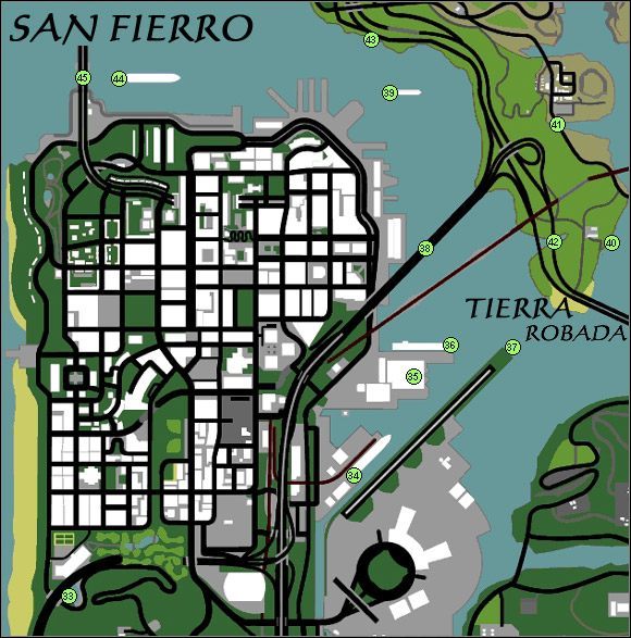 Lokalizacja miejsc występowania ostryg w San Fierro i na południu Tierra Robada - GTA San Andreas: Ostrygi (Oysters) - mapy San Fierro i Tierra Robada - GTA San Andreas - poradnik do gry