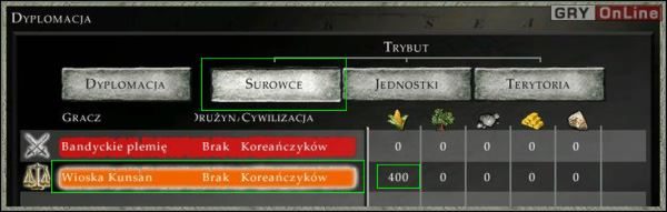 Kliknij na pomarańczowe pole (Wioska Kunsan), potem na przycisk Surowce, a następnie cztery razy na licznik surowców obok pomarańczowego pola - [Korea] Misja 1 cz.2 w Empire Earth II - Empire Earth II - poradnik do gry