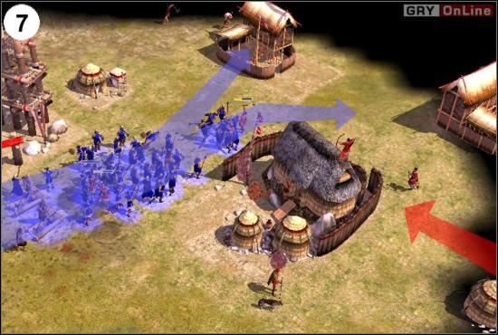 Niech pierwsza grupa broni drugiej, a druga niech niszczy najpierw koszary (drogę do koszar pokazuje niebieska strzałka) - [Korea] Misja 1 cz.3 w Empire Earth II - Empire Earth II - poradnik do gry