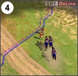 zauważy cię patrol Lintun (pomarańczowi) - goń go kawalerią i koniecznie zniszcz, jak pokazuje to obrazek (4) i cienka strzałka na mapie - [Korea] Misja 4 cz.2 w Empire Earth II - Empire Earth II - poradnik do gry