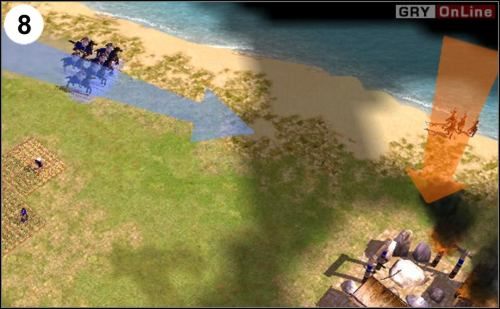 Ofiarą ataku będzie także miasto na wschodzie, i to ataku morskiego - pokazuje to pomarańczowa strzałka na mapie oraz także pomarańczowa na obrazku (8) - [Korea] Misja 4 cz.3 w Empire Earth II - Empire Earth II - poradnik do gry