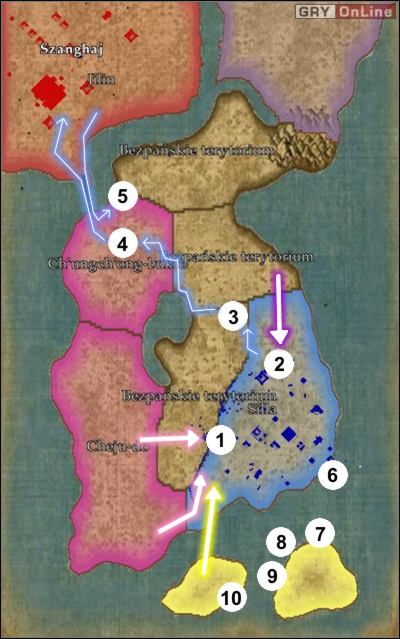 Kolorowe strzałki na mapie pokazują drogi ataków przeciwnika - ze wschodu (uważaj, aby przeciwnik nie ominął muru z dołu, pokazuje to zakrzywiona różowa strzałka) i z północy - [Korea] Misja 6 cz.1 w Empire Earth II - Empire Earth II - poradnik do gry