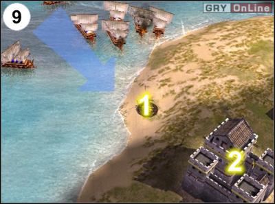 Zniszcz przystań po lewej, kolejną ognistą balistę w [1], a następnie popłyń na południe i zajmij się drugą fortecą w [2] - [Korea] Misja 6 cz.3 w Empire Earth II - Empire Earth II - poradnik do gry