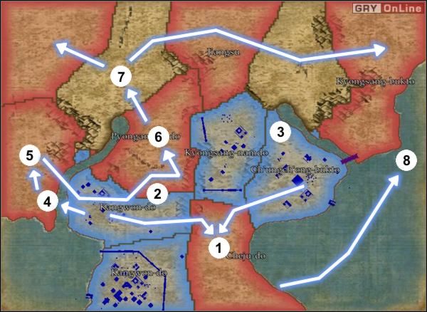 Zbierz wojsko ze wszystkich terytoriów w jedno miejsce - pokazują to dwie strzałki prowadzące do punktu (1) - [Korea] Misja 8 cz.1 w Empire Earth II - Empire Earth II - poradnik do gry