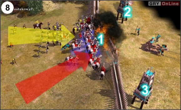 Gdy już wszystko zrobisz, biegnij wschodnią stroną - jak pokazuje strzałka - z punktu (7) do (8), ale jeszcze nie atakuj - [Niemcy] Misja 1 cz.3 w Empire Earth II - Empire Earth II - poradnik do gry