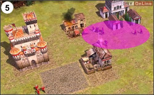 mogą pojawić się buntownicy (fioletowe koło na obrazku (5)) - [Niemcy] Misja 2 cz.2 w Empire Earth II - Empire Earth II - poradnik do gry