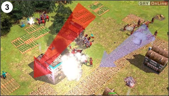 Niszcz po kolei budynki, które mogą coś produkować (czerwona strzałka na obrazku (3)), zostawiaj wszelkie domy, uniwersytety czy świątynie (tym się zajmie sojusznik - fioletowa strzałka) - [Niemcy] Misja 4 cz.2 w Empire Earth II - Empire Earth II - poradnik do gry