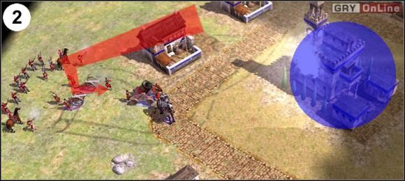 Zakręć i pozbądź się jedynie jednostek stacjonujących obok zaznaczonego niebieskim kołem centrum miejskiego na obrazku (2) - [Niemcy] Misja 6 cz.1 w Empire Earth II - Empire Earth II - poradnik do gry