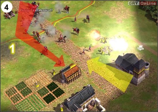 Mając przynajmniej trzy bombardy i więcej wojsk (weź te, które stacjonowały w Śląsku od początku) ruszaj najpierw na wieżyczkę oznaczoną jedynką na obrazku (4) (jest ona już zniszczona, więc jej nie widać), a potem szybko zapuść się w głąb, po kolei niszcząc austriackie jednostki - przed dziesiątą m - [Niemcy] Misja 6 cz.2 w Empire Earth II - Empire Earth II - poradnik do gry