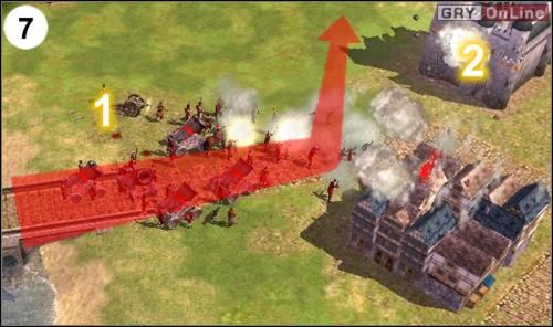 Znów najpierw zniszcz wieżyczkę w [1], a później fortecę w [2] (pokazuje to obrazek (7) - zaatakuj w podobny sposób, jak atakowałeś na początku Francję) - [Niemcy] Misja 6 cz.3 w Empire Earth II - Empire Earth II - poradnik do gry