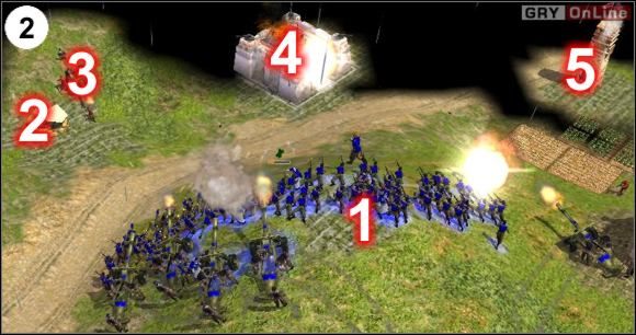 Całym wojskiem poruszaj się dalej - zniszcz bunkier w [1], potem drugi w [2], działo w [3], fortecę w [4] i wreszcie - wieżyczkę w [5] - [Ameryka] Misja 1 cz.1 w Empire Earth II - Empire Earth II - poradnik do gry