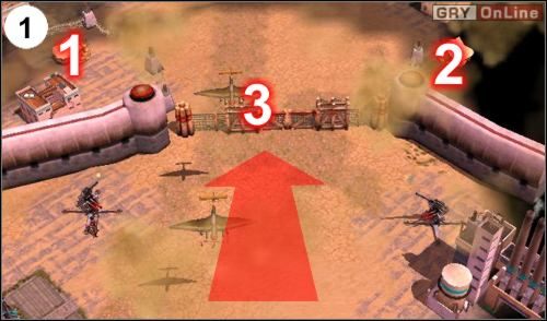 Po przedarciu się przez pierwszą linię obrony czas na drugą - zniszcz najpierw bunkry w [1] i [2], potem bramę w [3] i wjedź wszystkimi jednostkami w głąb bazy - [Ameryka] Misja 3 cz.1 w Empire Earth II - Empire Earth II - poradnik do gry