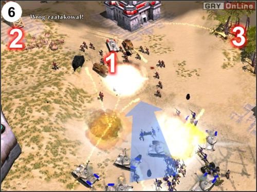 Tam zniszcz najpierw jednostki, które w grupie stoją w [1], potem wieżyczki w [2] i [3] - [Ameryka] Misja 3 cz.3 w Empire Earth II - Empire Earth II - poradnik do gry