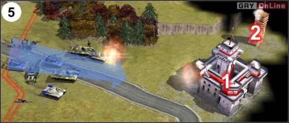 Jak pokazuje to powyższy obrazek, zniszcz najpierw pierwszą armią fortecę w [1], a potem wieżyczkę w [2] - [Ameryka] Misja 4 cz.2 w Empire Earth II - Empire Earth II - poradnik do gry