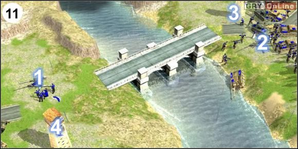 Zbuduj działka przeciwlotnicze w [1] i [2], a także wieżyczki - w [3] i [4] (po 1 działku i wieżyczce po każdej stronie mostu, jak pokazuje to obrazek (11)) - [Ameryka] Misja 4 cz.3 w Empire Earth II - Empire Earth II - poradnik do gry