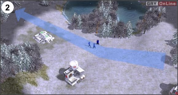 Wysadzonymi szpiegami biegnij tak, jak pokazuje to strzałka na mapie - wzdłuż drogi, a potem odbij w lewo i biegnij do (2) - [Ameryka] Misja 6 cz.1 w Empire Earth II - Empire Earth II - poradnik do gry