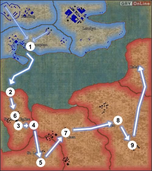 Dwie cienkie strzałki pokazują skąd będą wychodzić nowe jednostki - [Punkty Zwrotne] Normandia - Alianci cz.1 w Empire Earth II - Empire Earth II - poradnik do gry