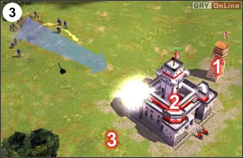 W tym samym czasie, obok wieżyczki w [1] postaw fortecę w [2] - [Punkty Zwrotne] Normandia - Niemcy cz.2 w Empire Earth II - Empire Earth II - poradnik do gry