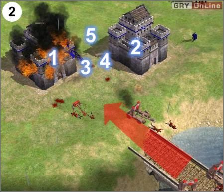 Musisz jak najszybciej wybudować fortecę w [1], potem drugą w [2] (wcześniej zniszcz fortece, które są za murami - w bazie), wieżyczki w [3] i [4], a potem postawić z dziesięciu obywateli w [5] i naprawiać budynki w razie potrzeby - [Punkty Zwrotne] Trzy królestwa - Wei cz.1 w Empire Earth II - Empire Earth II - poradnik do gry