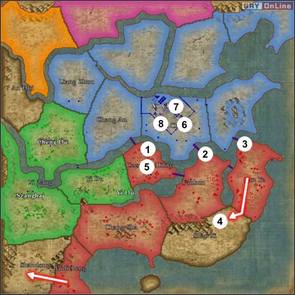 Obywateli posyłaj do punktów (1), (2) i (3) - musisz w odpowiednich miejscach wybudować fortece - [Punkty Zwrotne] Trzy krolestwa - Wu cz.1 w Empire Earth II - Empire Earth II - poradnik do gry