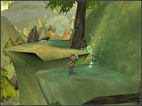 16. Wróć tym razem na pagórek znany Ci zapewne z karty 9. Powinieneś ujrzeć w pobliżu wystającą gałąź drzewa. Wskocz na nią, rozbujaj się, przeskocz na następną, a następnie na drzewo. Z drzewa na kolejną gałąź i tak dalej, aż dotrzesz do miejsca na screenie. - GPC and Wilderness (1) | Lokalizacje przedmiotów | Psychonauts - Psychonauts - poradnik do gry