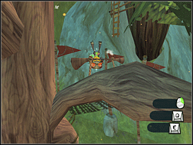 11. Wróć na linę między jednym a drugim domkiem (trampolina -> dach -> lina). Mniej więcej w połowie ujrzysz przyczepioną do gałęzi drzewa huśtawkę. Rozbujaj się na linie i przeskocz na huśtawkę. Z huśtawki przeskocz na trampolinę - tam znajdziesz kartę. - Kids Cabins | Lokalizacje przedmiotów | Psychonauts - Psychonauts - poradnik do gry