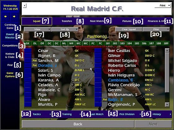 Po lewej stronie ekrany znajduje się główne menu - Okno drużyny | Gra | Championship Manager 2000/2001 - Championship Manager 2000/2001 - poradnik do gry