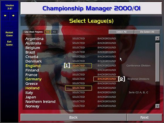 Jeśli wybraliśmy więcej niż jeden kraj, z którego mogliśmy wybrać drużynę możemy przed nami ukaże się okno z wyborem ligi - Nowa gra | Informacje | Championship Manager 2000/2001 - Championship Manager 2000/2001 - poradnik do gry