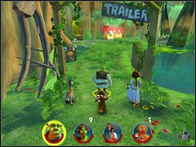 Przenosimy skrzynię w miejsce widoczne na obrazku i Ciastkiem korzystamy z wajchy - [Solucja] Etap 1 - Bagno Shreka cz.4 | Shrek 2 Team Action - Shrek 2: Team Action - poradnik do gry