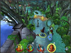 Rzucamy Czerwonym Kapturkiem w dzwon w pobliżu wodospadu i przechodzimy przez bramę obok - [Solucja] Etap 2 - Straszny Las cz.1 | Shrek 2 Team Action - Shrek 2: Team Action - poradnik do gry